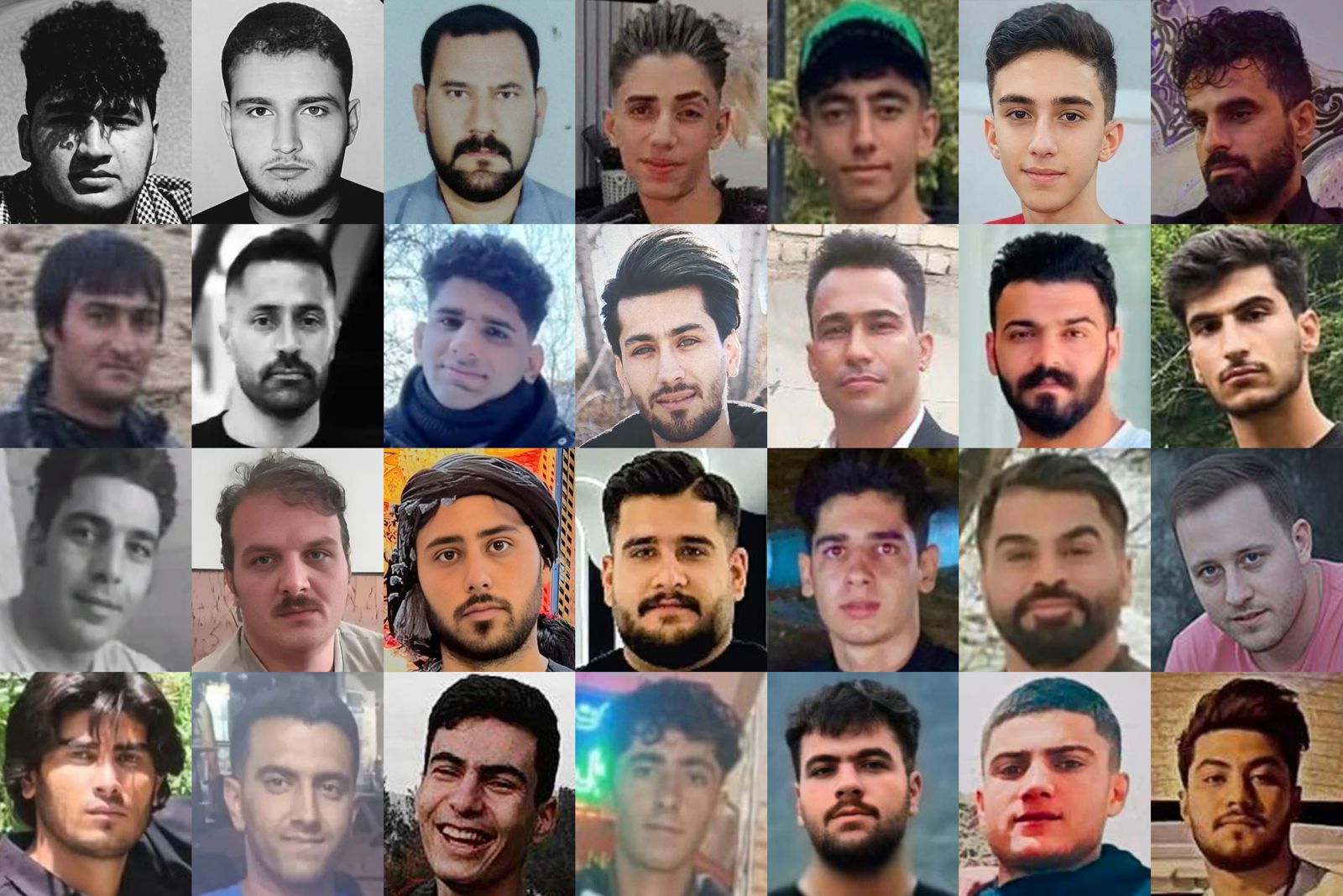 Des photos de 28 personnes tuées par les forces de sécurité iraniennes entre le 31 décembre 2025 et le 3 janvier 2026, lors de la répression des manifestations en Iran.