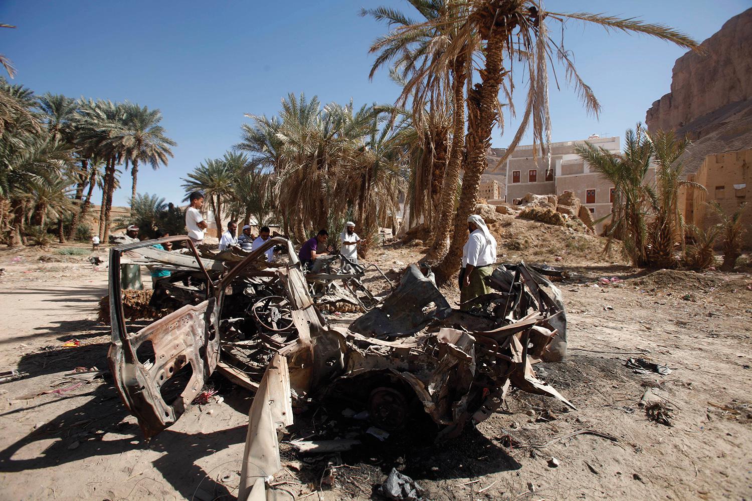 The remnants of a US drone strike on August 29, 2012 in Khashamir, Yemen. The strike killed three alleged members of Al-Qaeda in the Arabian Peninsula, a policeman, and a cleric who preached against the armed group. 