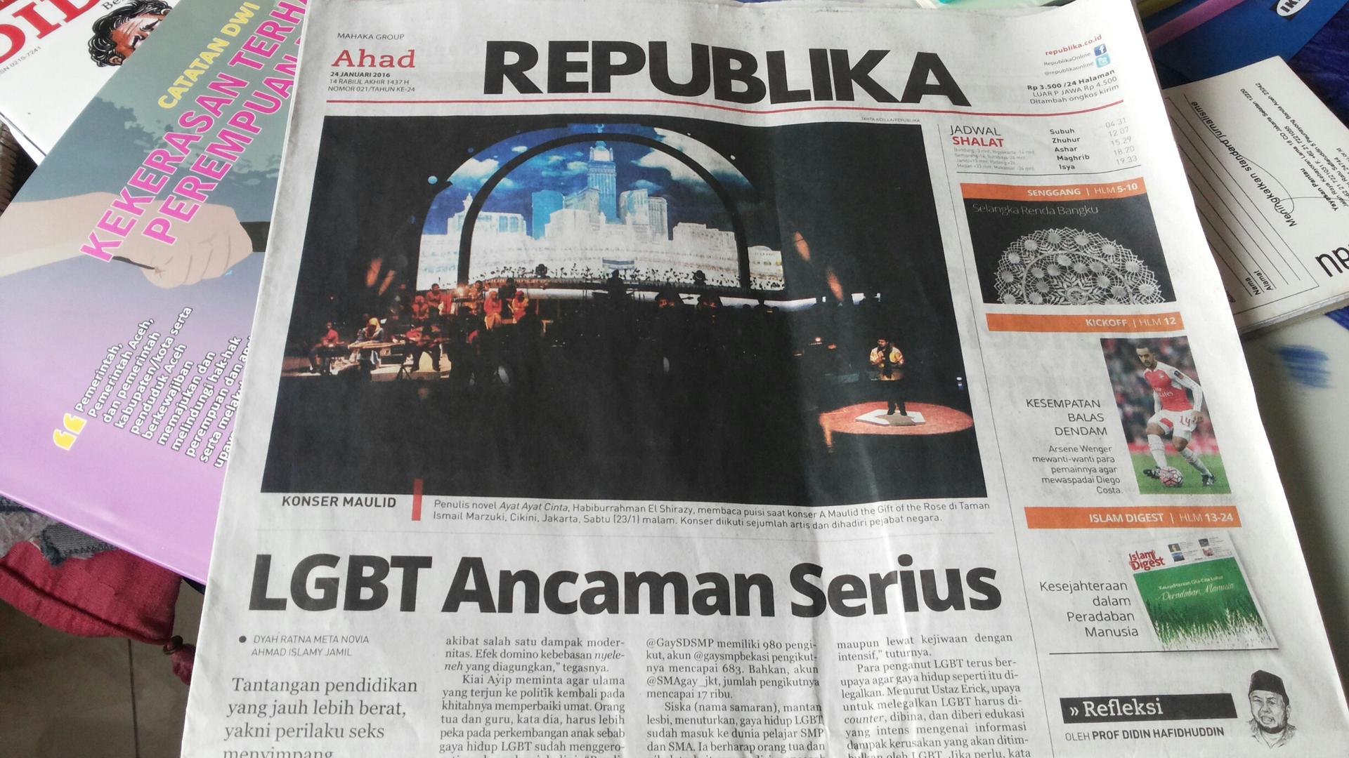 The Conservative Islamic newspaper Republika ran the headline “LGBT poses serious threat”, on its front page on January 26, 2016, following comments by the Minister of Higher Education saying he wanted to ban LGBT student groups.