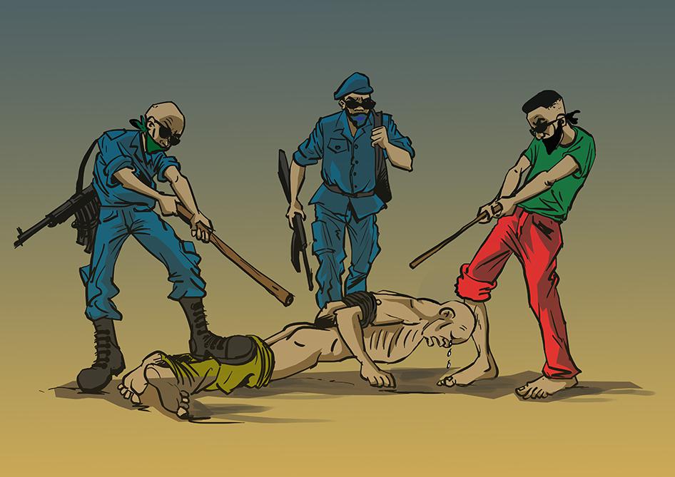 A Burundian artist’s drawing of a fictional case of policemen and an intelligence agent torturing a detainee.