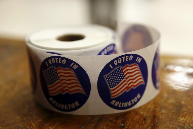 "I Voted" stickers are seen in Super Tuesday elections at the Wilson School in Arlington, Virginia March 1, 2016.