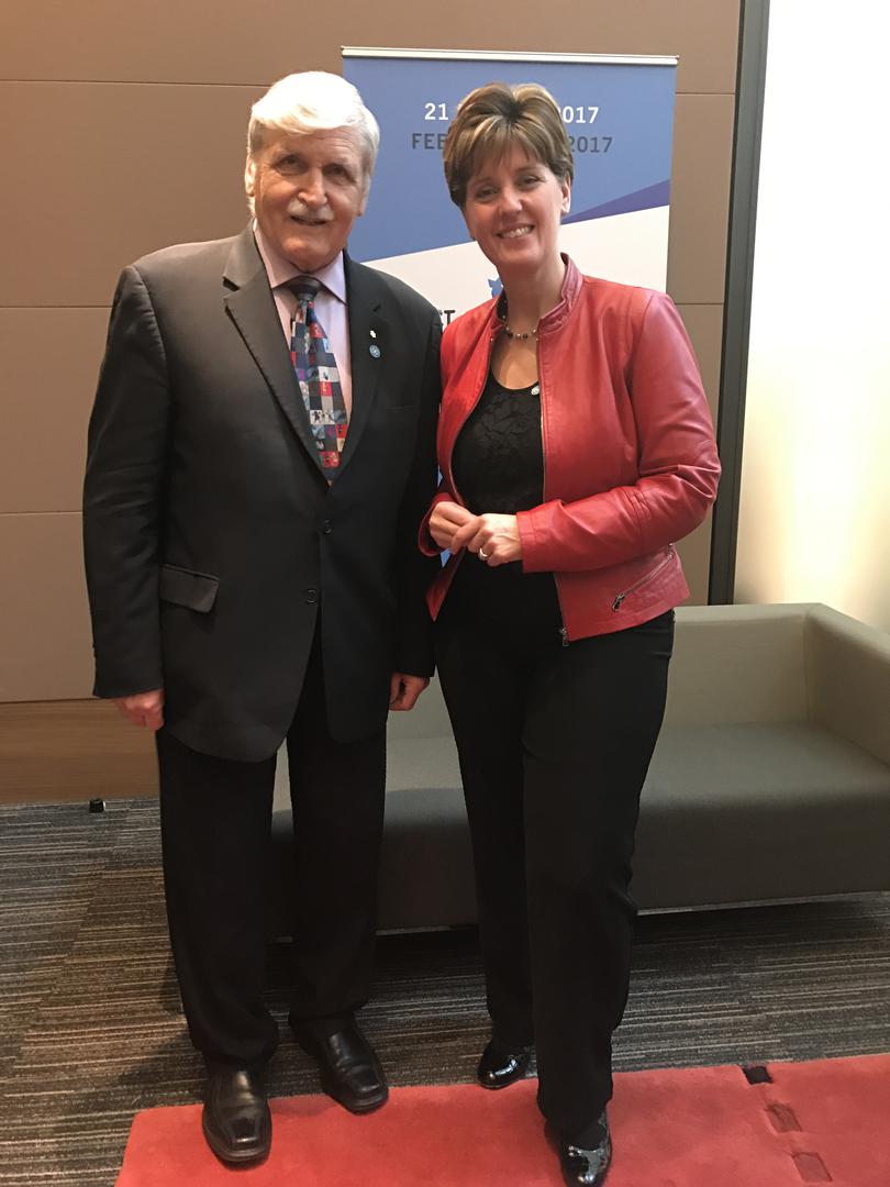 Lieutenant-General Roméo Antonius Dallaire (L) and Canada's International Development Minister Marie-Claude Bibeau following the announcement that Canada would sign the Safe Schools Declaration, February 21, 2017.