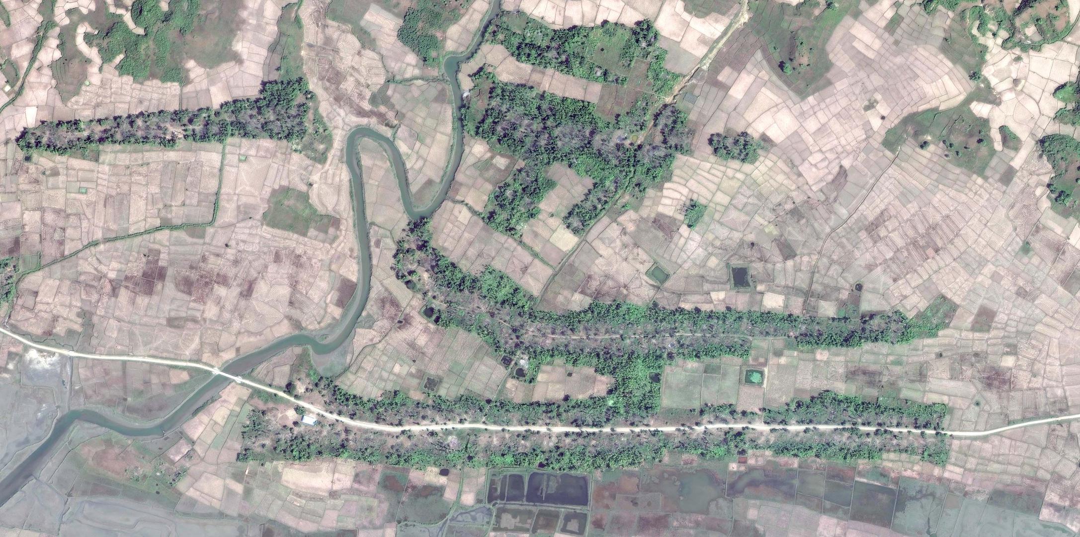 Satellite imagery recorded before the clearing of the destroyed village of Gwa Son. 