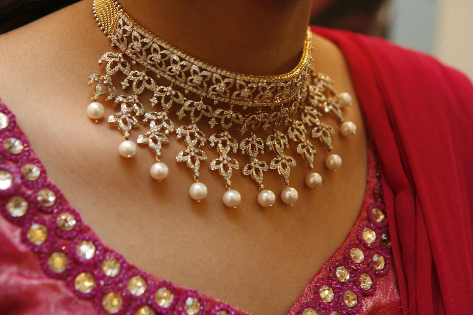 View of gold and diamond wedding jewelry at Tanishq Jewellery House in Ludhiana, Punjab, India, October 2009.  