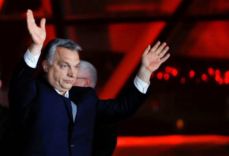 Hungarian Prime Minister Viktor Orbán addresses supporters after the announcement of partial results of the parliamentary election in Budapest, Hungary, April 8, 2018.