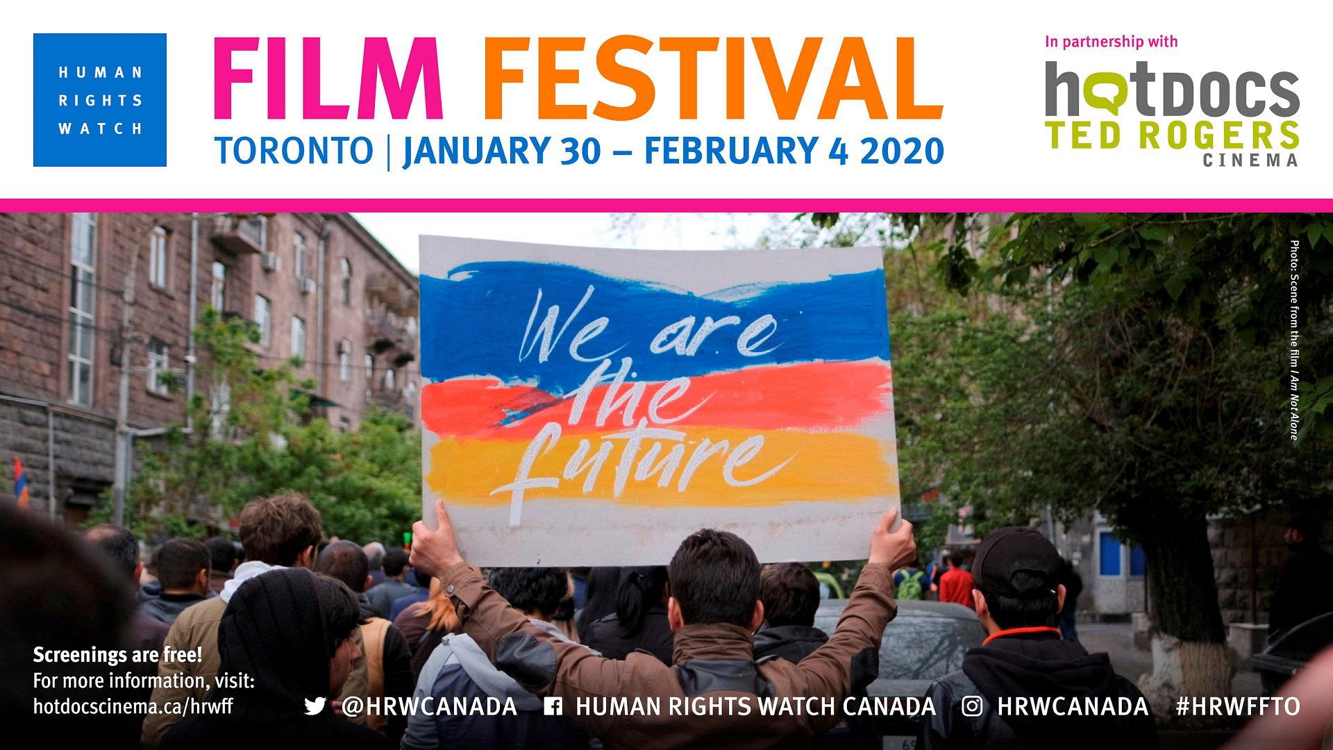 The Human Rights Watch Toronto Film Festival poster featuring a still from the opening night feature, ‘I Am Not Alone’. The festival will run from January 30 to February 4, 2020.