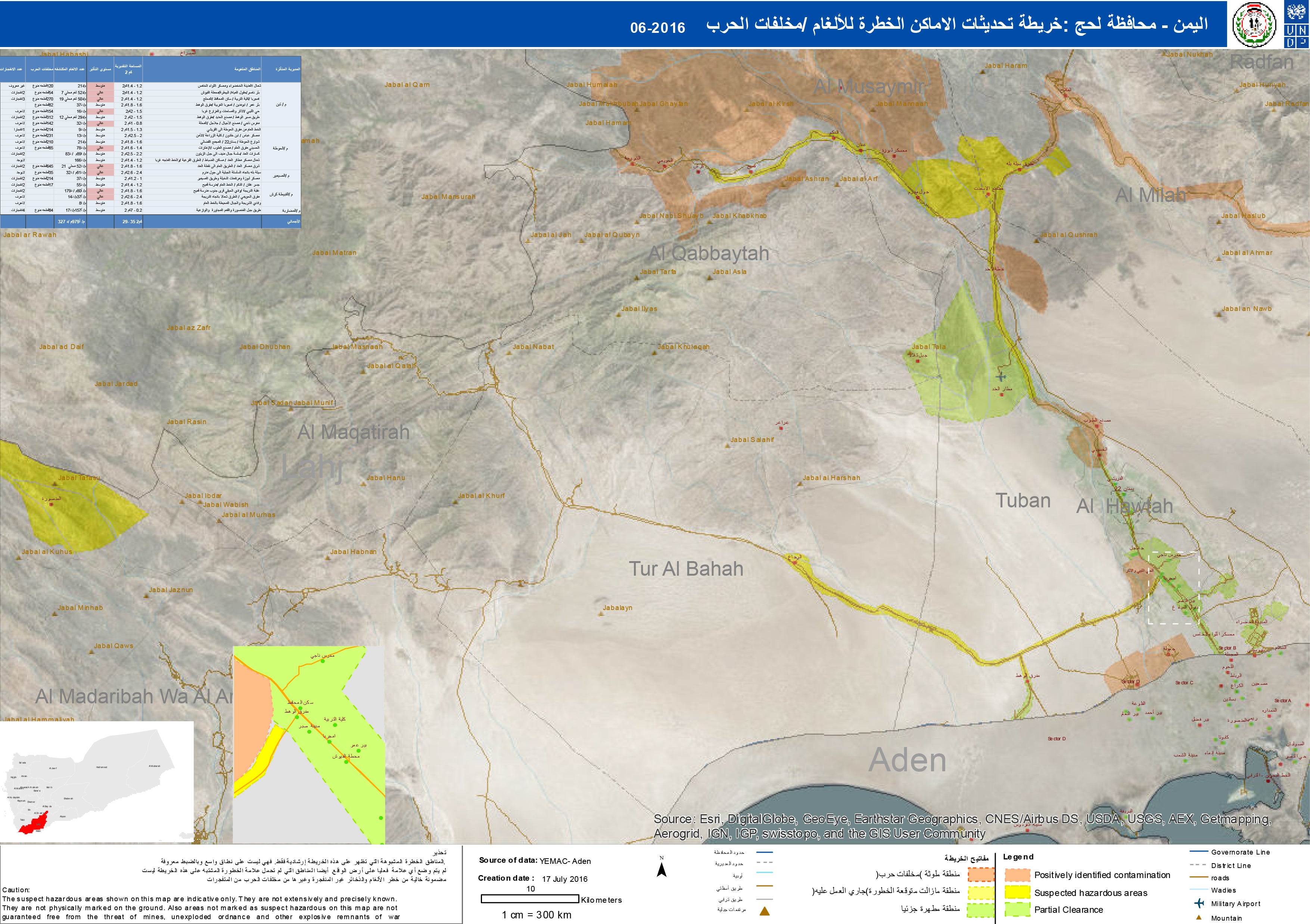 This mine danger map shows areas in Lahj that likely remain contaminated by landmines and other explosive remnants of war. The map is indicative only, as hazardous areas are not precisely known and these maps need to be updated regularly. The areas marked clear are not guaranteed to be free from explosive remnants of war, July 2016. 