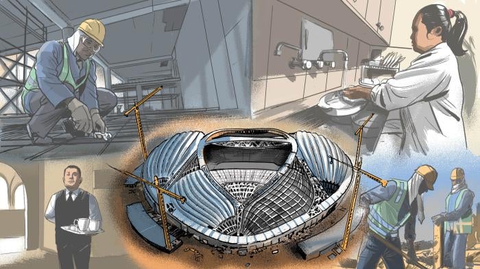 A collage illustration of a football stadium surrounded by migrant workers doing tasks