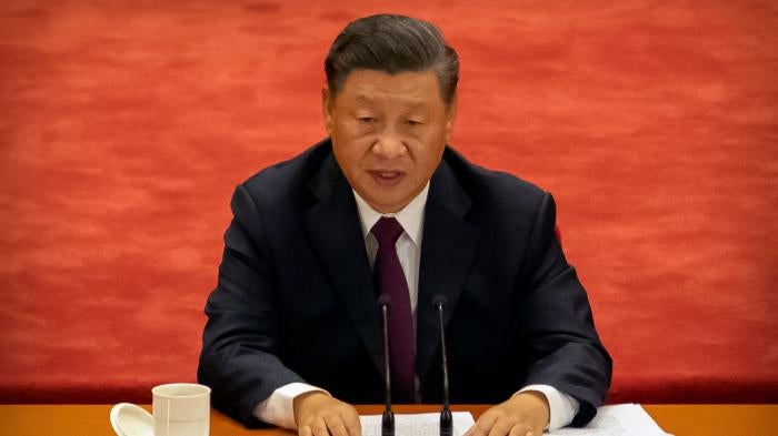 Chinese President Xi Jinping speaks during an event to honor some of those involved in China's fight against Covid-19 at the Great Hall of the People in Beijing, September 8, 2020.