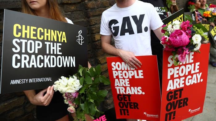 Campaigners protest for LGBT rights in Chechnya outside the Russian embassy in London, Britain on June 2, 2017.