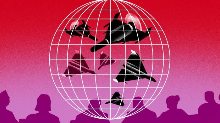 Graphic of various drones in a cage