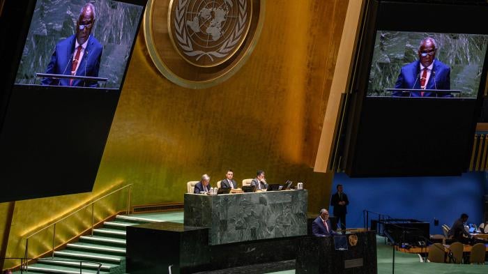 Vanuatu's Prime Minister Ishmael Kalsakau speaks prior to a vote on a resolution aimed at fighting global warming, at the United Nations General Assembly in New York, March 29, 2023.