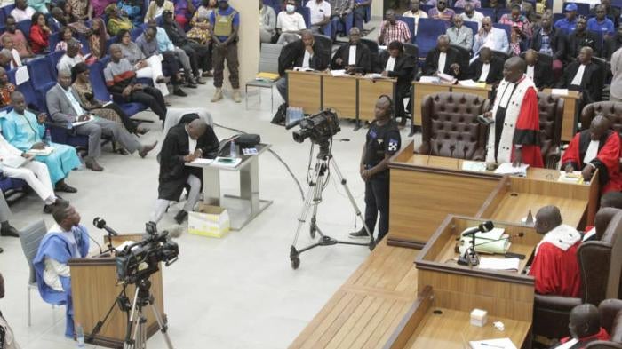 Inside of the courtroom in Conakry where a domestic trial is ongoing for crimes committed during the 2009 Stadium Massacre. 