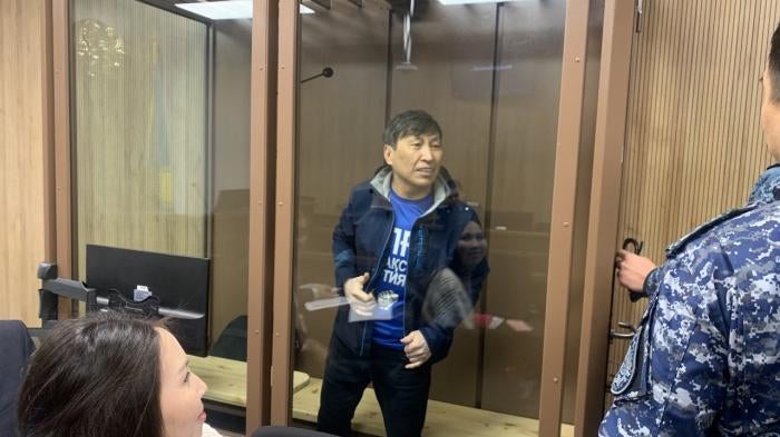 Marat Zhylanbaev, leader of the unregistered opposition party “Alga, Kazakhstan!” at his preliminary hearing in Astana, Kazakhstan on October 30, 2023. 