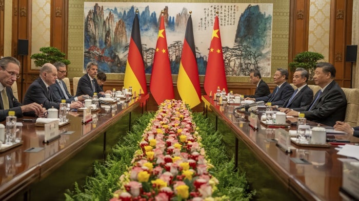 German Chancellor Olaf Scholz sits opposite of Chinese President Xi Jinping during talks at the State Guest House in Beijing, China, April 16, 2024.
