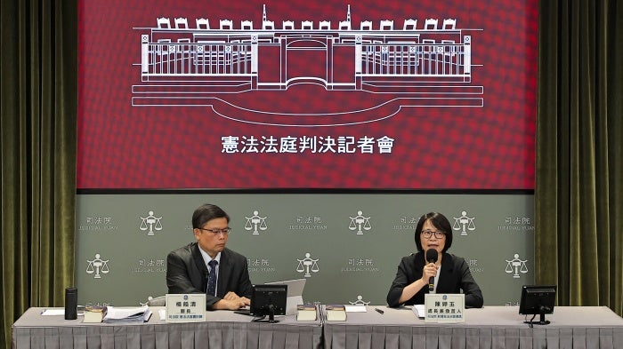 Members of the Taiwan Constitutional Court hold a press conference after the ruling on the constitutionality of the death penalty in a case brought by people currently on death row, in Taipei, Taiwan, September 20, 2024.