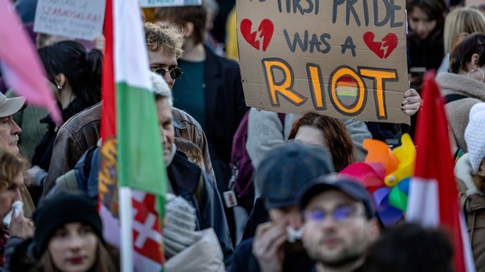 A demonstrator holds a banner during a protest against a new law banning Pride events