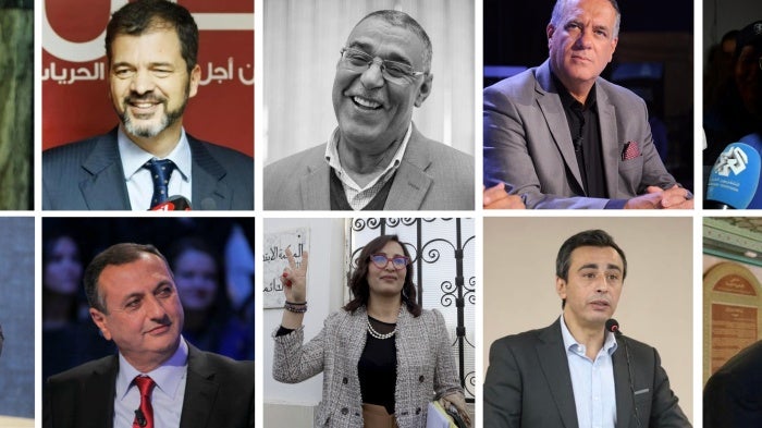 Several of the people tried and convicted in the “Conspiracy Case” on April 19, 2025, in Tunis, Tunisia. Top row (L-R): Noureddine Bhiri, Khayam Turki, Abdelhamid Jelassi, Ghazi Chaouachi, and Lazhar Akremi. Bottom row (L-R): Ridha Belhaj, Issam Chebbi, Chaima Issa, Jaouhar Ben Mbarek and Said Ferjani. 