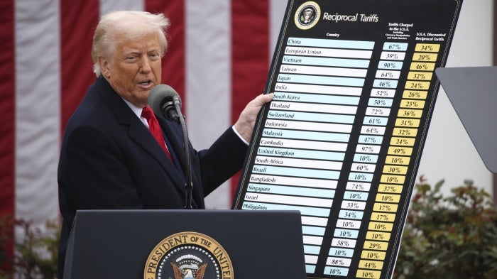 US President Donald Trump displays a chart with proposed US tariffs at the White House in Washington, DC, on April 2, 2025.