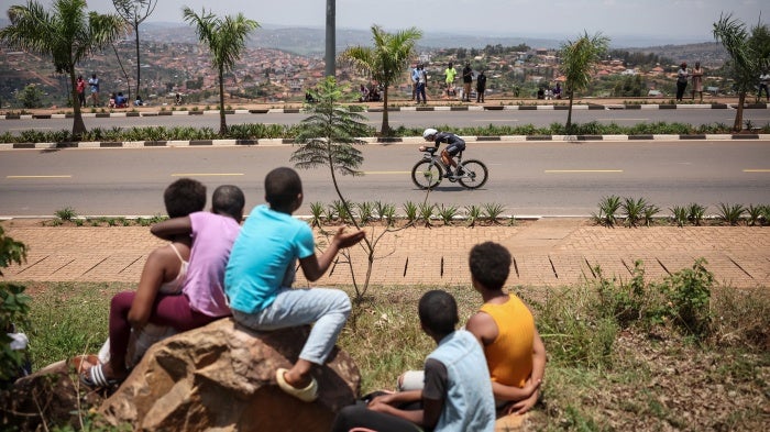 Mauritian rider Aurelie Halbwachs competes in the women's Elite Individual Time Trial cycling event during the UCI 2025 Road World Championships, in Kigali, Rwanda, September 21, 2025.