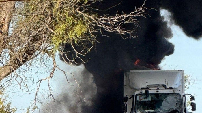 Russian forces used quadcopter drones to attack a United Nations inter-agency convoy delivering humanitarian aid to Bilozerka in Khersonska region, in southern Ukraine, October 14, 2025.