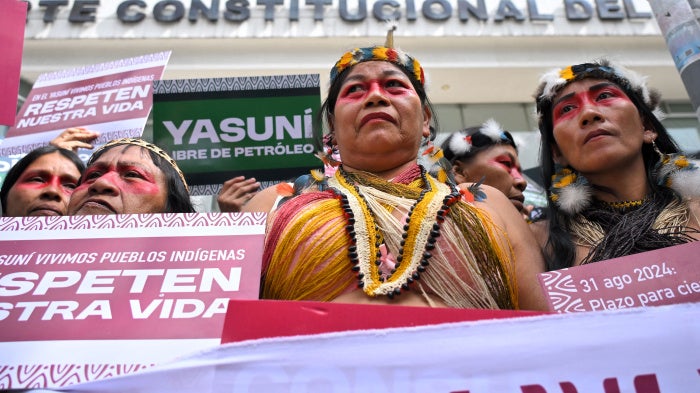 Waorani Indigenous leaders protest in front of the Constitutional Court in Quito on August 20, 2025, two years after a key victory for climate democracy in an Indigenous-led referendum to halt exploitation of an oil block in Yasuni National Park. 