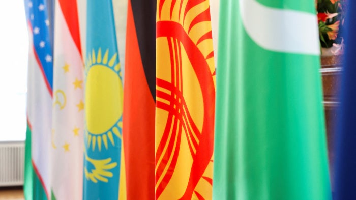 Flags of the five Central Asian countries at Bellevue Palace in Berlin, Germany, September 29, 2023.