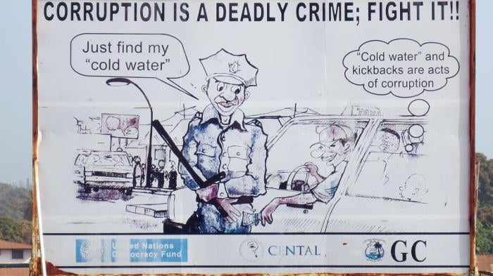 Anti-corruption poster in Gbarnga, Bong, Liberia. 