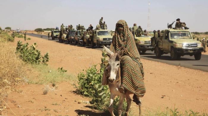 A government military convoy on its way to Tabit town in North Darfur, Sudan, November 20, 2014.