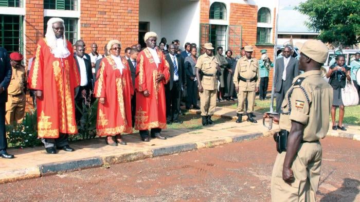 Judges at the opening of the war crimes trial, of Thomas Kwoyelo, before Uganda’s International Crimes Division.
