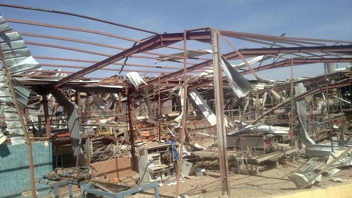 Destruction at the location of an air strike at Radfan Ceramics Factory, west of Sanaa, Yemen, on September 23, 2015.