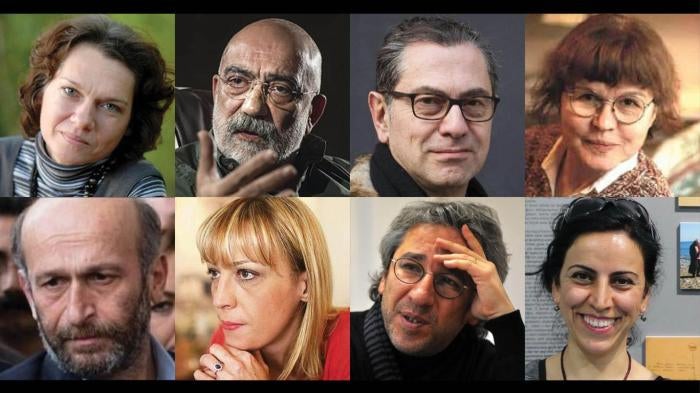 Journalists targeted in Turkey’s media crackdown. From top left: Aslı Erdoğan, Ahmet Altan, Kadri Gürsel, Necmiye Alpay; Erdem Gül, Ceyda Karan, Can Dündar, Hatice Kamer; Refik Tekin, Hanım Büşra Erdal, Nedim Oruç, Nazlı Ilıcak