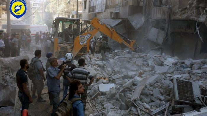 Ruins of a residential house that was struck in an aerial attack, killing at least 24 civilians, on September 27, 2016. 