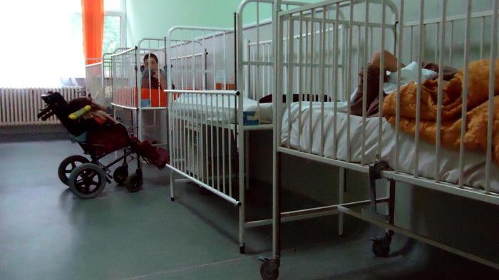 A room in the ward for the “most severely disabled” in Veternik home for children and adults with disabilities. Children are placed in the same rooms as adults and up to eight people live in one room. © 2015 Emina Ćerimović for Human Rights Watch