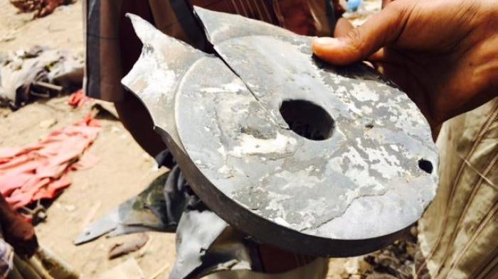Remnant of a Paveway laser guidance system found at the scene of the air strike on the Mastaba market on March 15, 2016. 