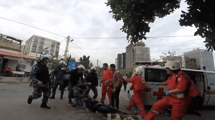 Video of riot police at a protest on December 10, 2017 near the US embassy in Awkar, Lebanon, provided to Human Rights Watch. © 2017 Private