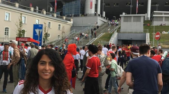 Human Rights Watch researcher, Tara Sepehri Far, stands in front of St. Petersburg stadium before Iran-Morocco match during the Russia 2018 FIFA World Cup. © 2018 Private
