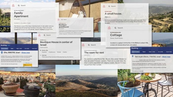 Listings by the global travel companies Airbnb and Booking.com for properties in unlawful Israeli settlements in the occupied West Bank.
