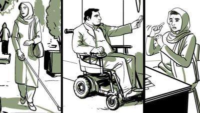 Illustration shows people with disabilities in Iran.