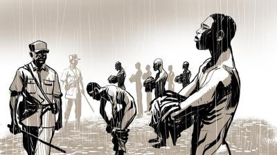 An illustration showing prisoners being tortured in Jail Ogaden, Ethiopia.