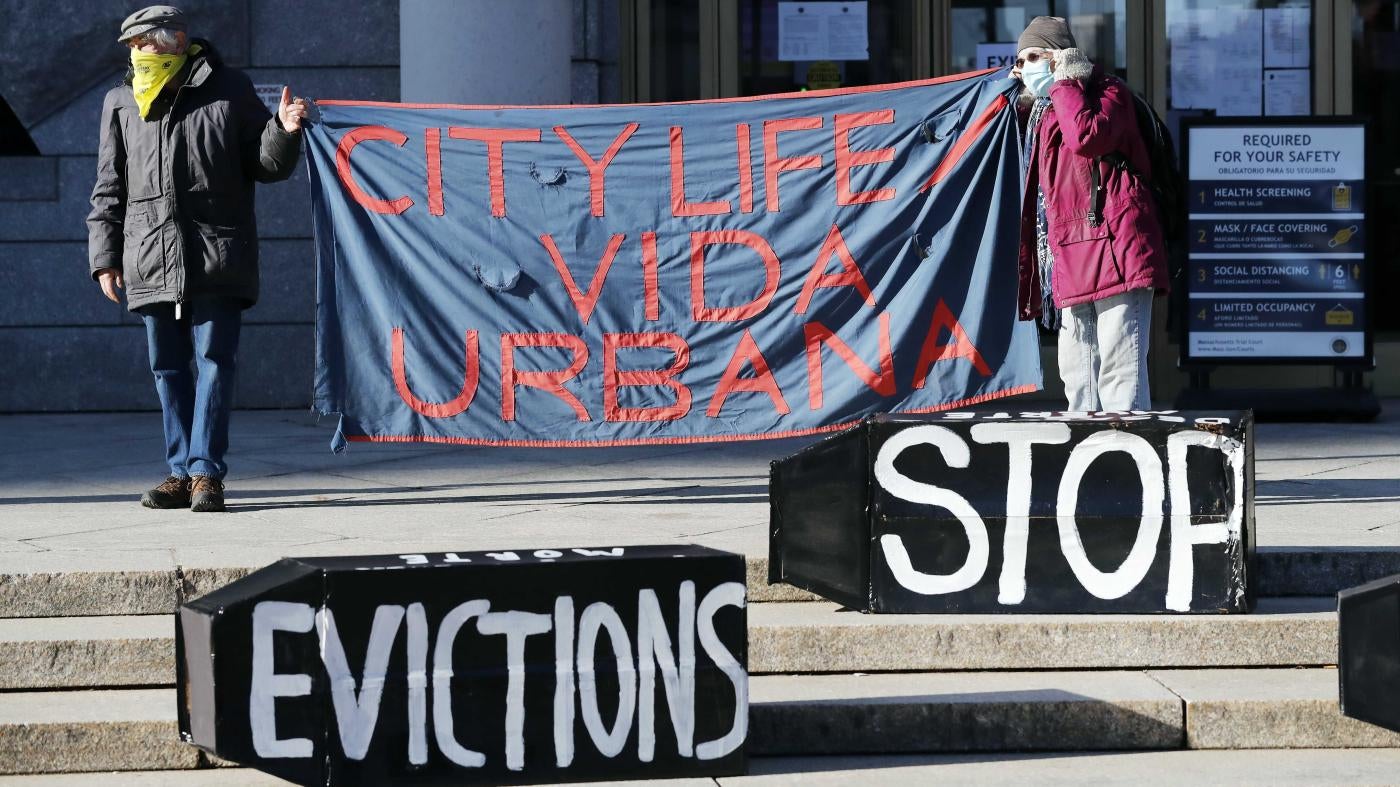 Tenants’ rights advocates demonstrate in front of the Edward W. Brook Courthouse in Boston