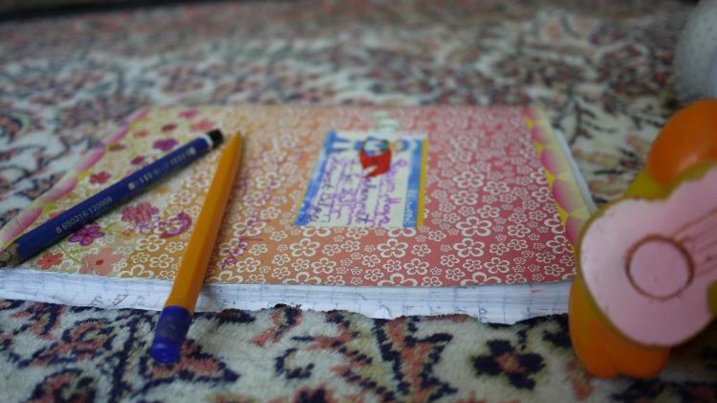 School supplies belonging to a Syrian refugee child enrolled in her local public school.