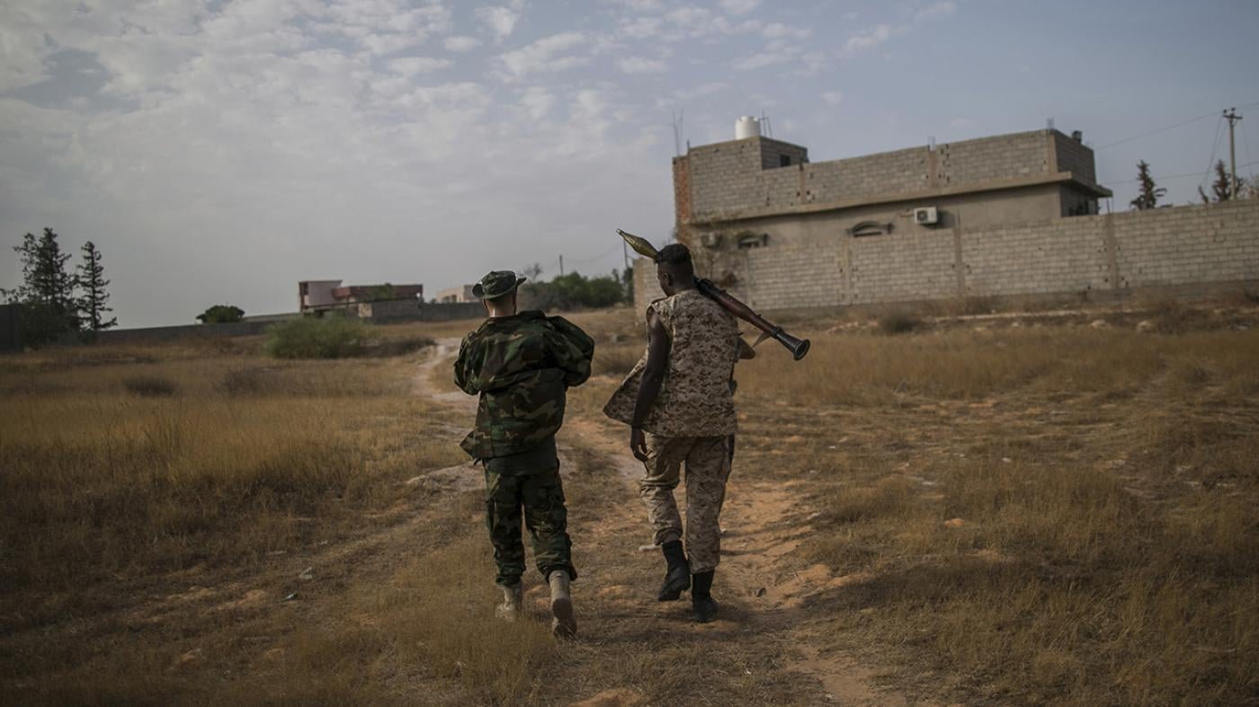 Government of National Accord fighters take positions during clashes with east-based fighters from the Libyan National Army at Al-Yarmouk frontline in Tripoli, Libya on August 29, 2019. 