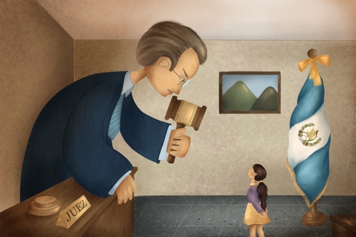 An illustration of a judge towering over a girl in a courtroom