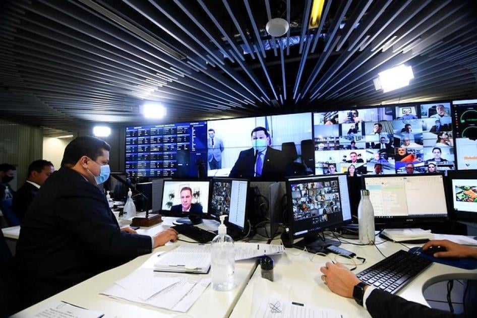 The president of Brazil’s Senate, Davi Alcolumbre, presides over a session via videoconference on June 10, 2020. The Senate is holding discussions and votes via videoconference due to the Covid-19 pandemic.