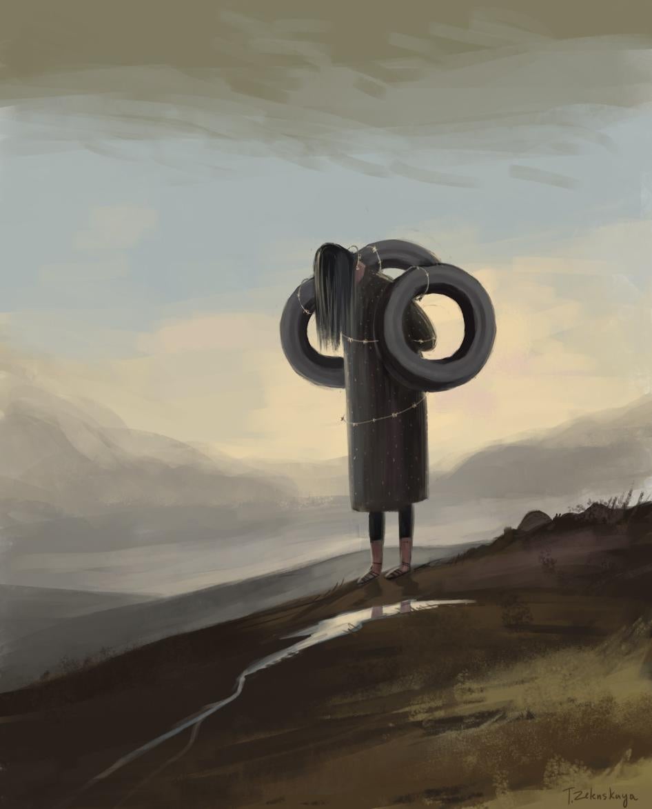 An artistic representation of a domestic violence case in Kyrgyzstan. © Tatiana Zelenskaya