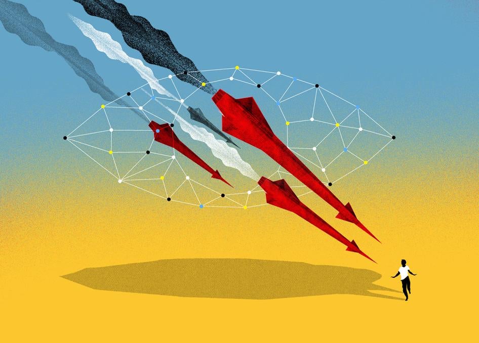 An artistic depiction of four missiles raining down on a faceless man running away. 