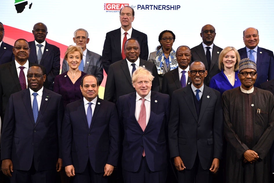 United Kingdom Prime Minister Boris Johnson (front row, center) poses for a photo with African state leaders and international officials at the UK-Africa Investment Summit in London, January 20, 2020. 