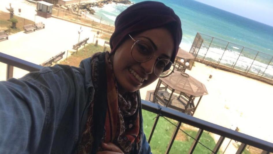 Abier Almasri, Human Rights Watch’s Gaza-based research assistant, from the balcony of her shared room at a Gaza City hotel that served as a makeshift quarantine center.