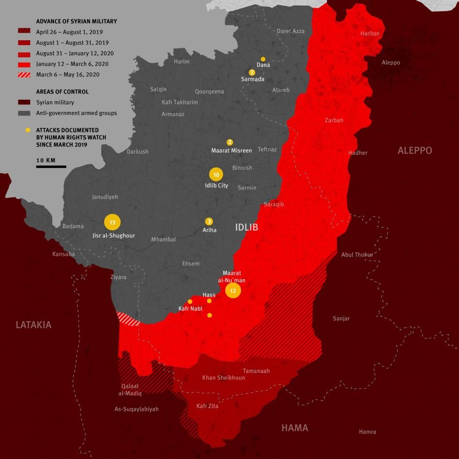 A map of Syria that shows area of control of Syrian and opposition forces from April 2019 to May 2020